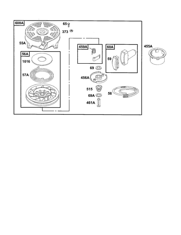 Housing-Rewind Starter Diagram and Parts List for 12E800-12E899 0620-0653-0808 Briggs and Stratton Engine